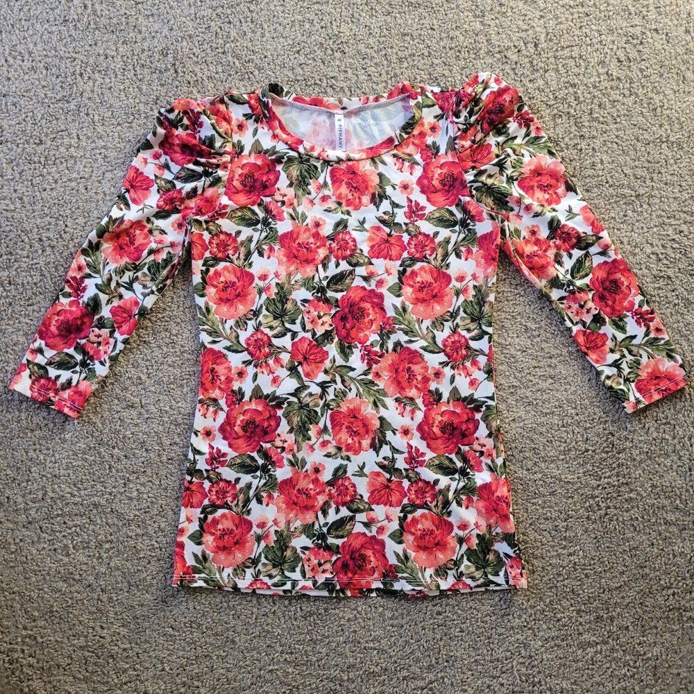 piphany coral red rose print soft princess sleeve top